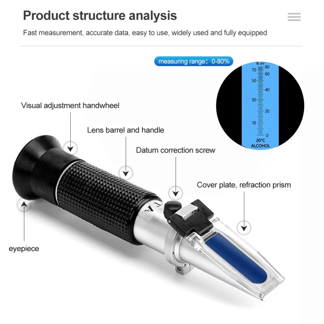 Wine Beer And Spirit - Range 0-80% Handheld Alcohol Refractometer Meter